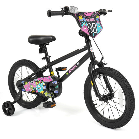 16 Inch Kids Bike with Training Wheels for Ages 4-7 Years Old Black- Street Art Time - Color: Black - Size: 16 inches