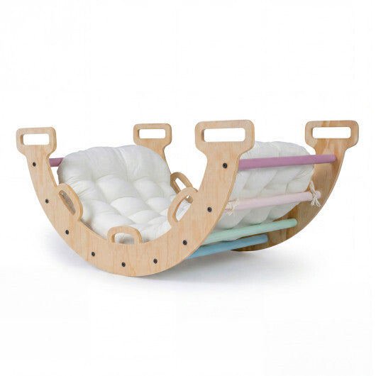 Wooden Rocking Climbing Arch with Cushion 3-in-1 Montessori Kids Climber Rocker-Multicolor