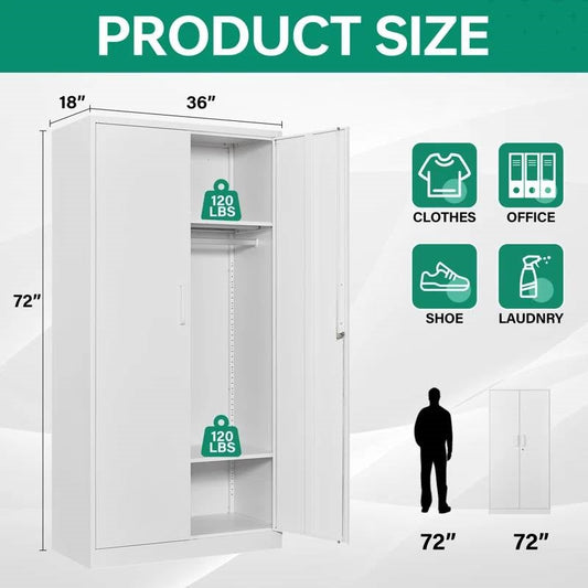 White Metal Locking Wardrobe Armoire Cabinet with Clothing Hanging Rod