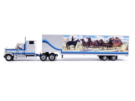 1980 GMC General Truck Tractor with Sleeper Cab and Trailer Silver Metallic with Blue Stripes 1/43 Diecast Model by IXO Models