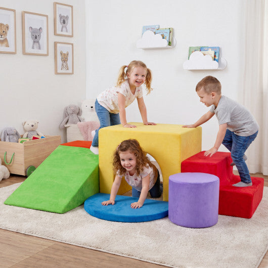 6 Pieces Foam Climbing Blocks for Kids with Slide and Tunnel-Gray