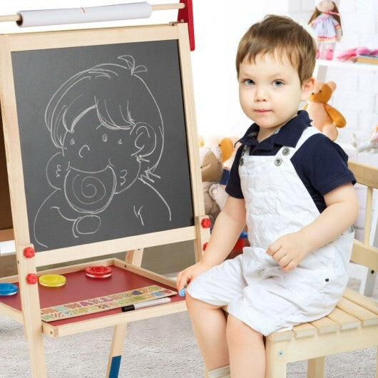 All-in-One Wooden Height Adjustable Kid's Art Easel with Magnetic Stickers and Paper - Color: Multicolor