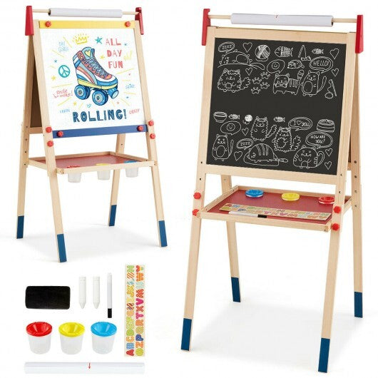 All-in-One Wooden Height Adjustable Kid's Art Easel with Magnetic Stickers and Paper - Color: Multicolor