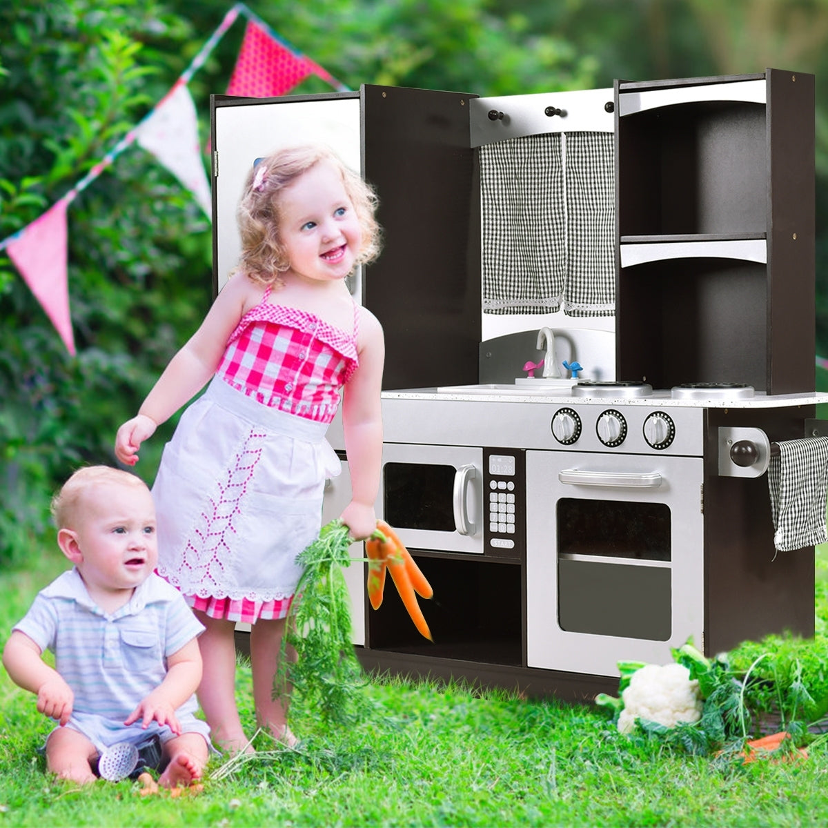 Kids Wooden Modern Kitchen Cooking Pretend Play Set - Color: Coffee