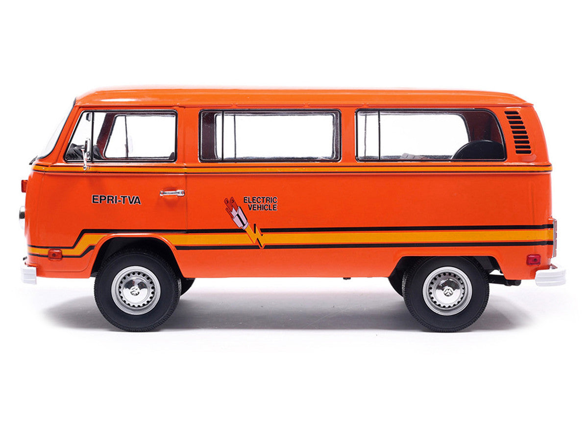 1978 Volkswagen Type 2 Bus "Elektrotransporter" Orange with Yellow Stripes 1/18 Diecast Model by IXO Models