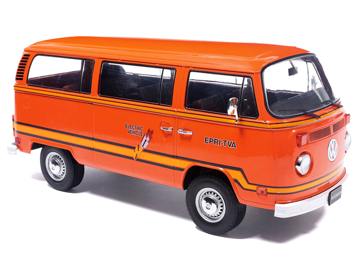 1978 Volkswagen Type 2 Bus "Elektrotransporter" Orange with Yellow Stripes 1/18 Diecast Model by IXO Models