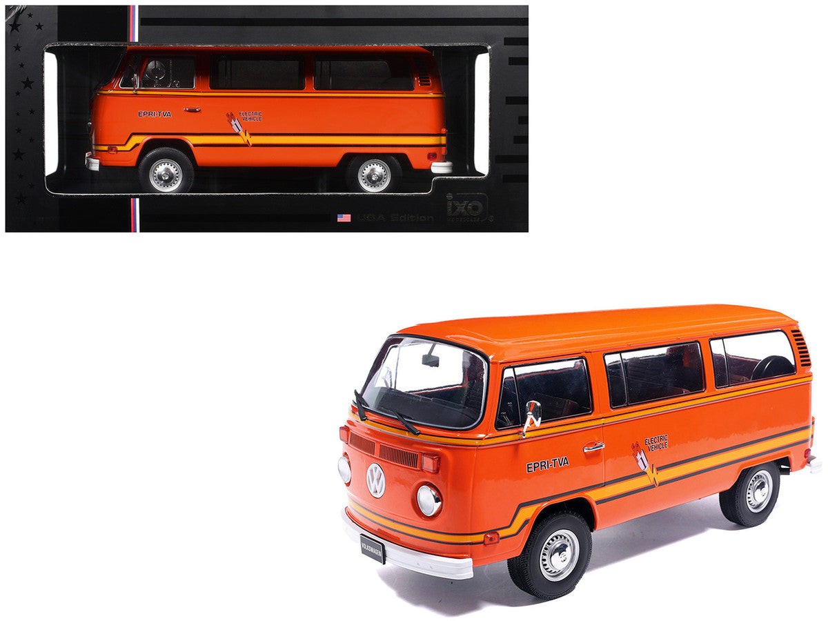 1978 Volkswagen Type 2 Bus "Elektrotransporter" Orange with Yellow Stripes 1/18 Diecast Model by IXO Models