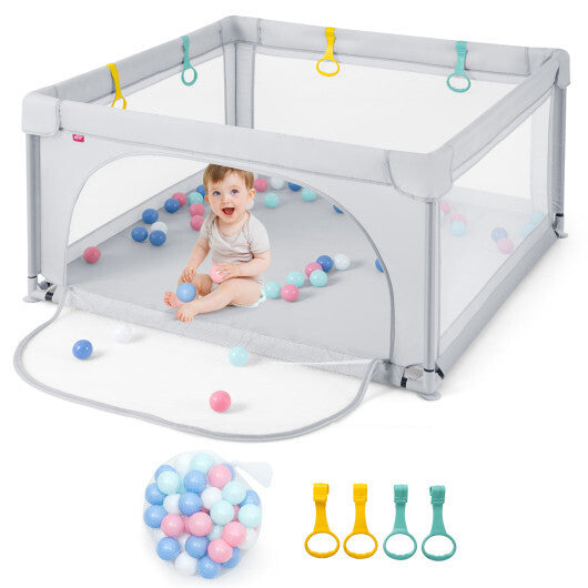 Large Kids Activity Center Baby Playpen for Toddlers with 4 Pull Rings-Blue