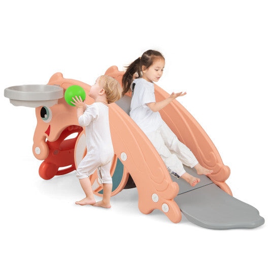 3-in-1 Kids Slide Rocking Horse Set Convertible Toddler Slide with Basketball Hoop-Green