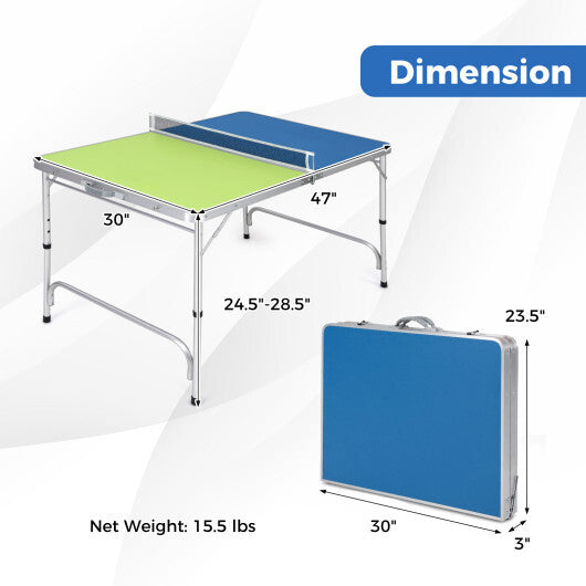 Foldable Ping Pong Table Game Set Mini Table Tennis Table with Adjustable Height-Blue & Green