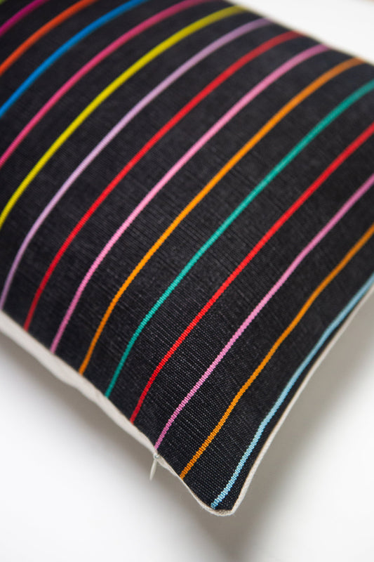 Vintage Washed Black Denim Rainbow Striped Pillow