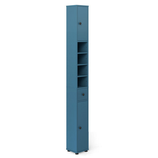 Costway Freestanding Slim Bathroom Cabinet with Drawer and Adjustable Shelves-Blue