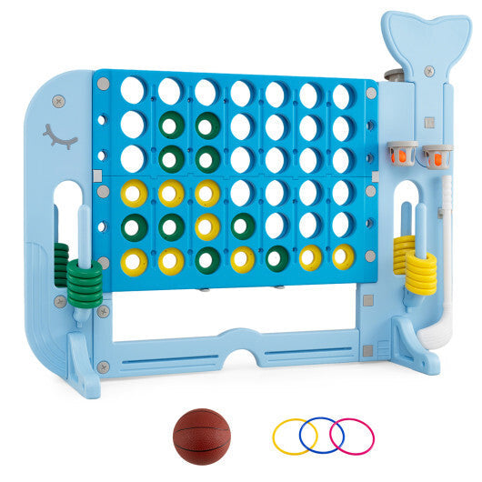 Costway 4-in-a-Row Game Set with Ring-toss Basketball Golf Club & Balls 2 Cups Holders Blue