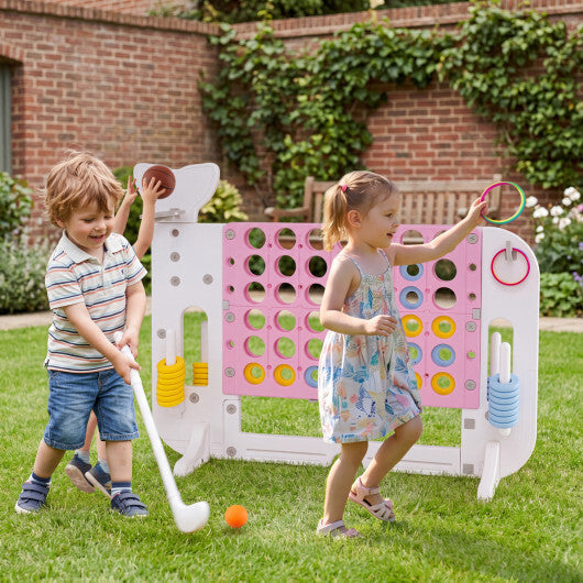 Costway 4-in-a-Row Game Set with Ring-toss Basketball Golf Club & Balls 2 Cups Holders Pink