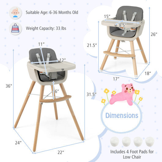 Babyjoy 3 in 1 Convertible Wooden High Chair Toddler Feeding Chair with Cushion Dark Grey