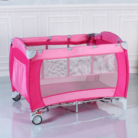 Foldable Baby Crib Playpen Travel Infant Flat Bassinet Bed Mosquito Net Music with Bag Pink