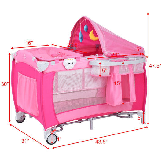 Foldable Baby Crib Playpen Travel Infant Flat Bassinet Bed Mosquito Net Music with Bag Pink