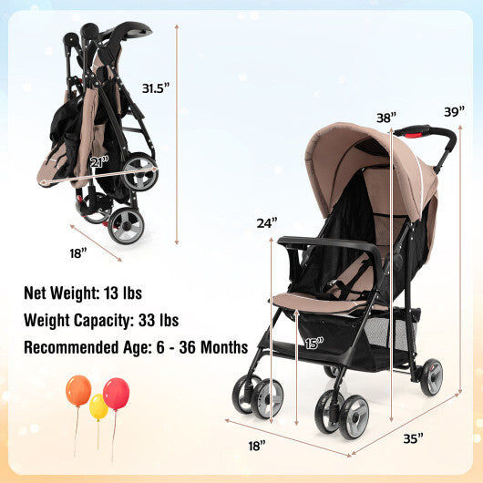 Foldable Lightweight Baby Stroller Travel Pushchair 0-36 Months Age Group 13 lbs Coffee