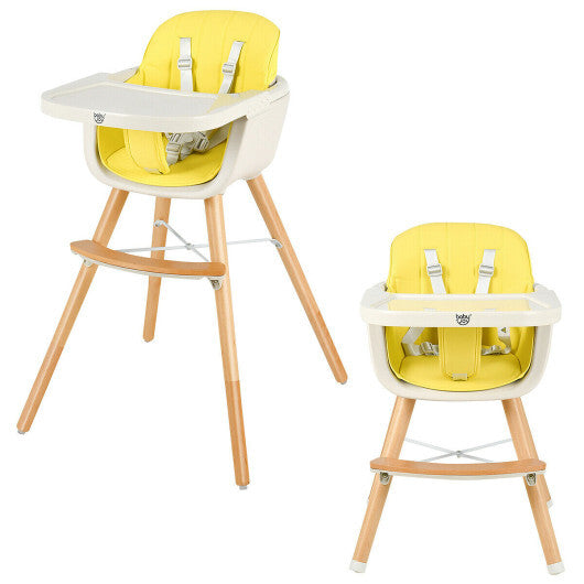 Babyjoy 3 in 1 Convertible Wooden High Chair Toddler Feeding Chair with Cushion Yellow