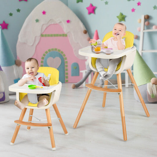 Babyjoy 3 in 1 Convertible Wooden High Chair Toddler Feeding Chair with Cushion Yellow