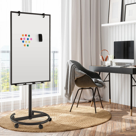 Costway Height-Adjustable Mobile Whiteboard with Round Stand Paper Clips-Black
