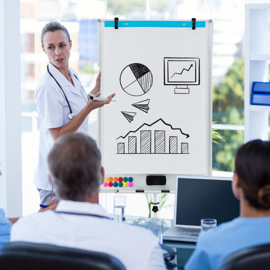 Costway Height-Adjustable Mobile Whiteboard with Round Stand Paper Clips-White