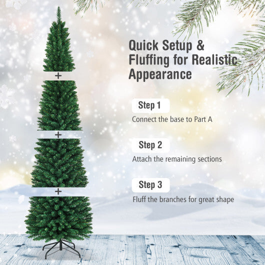8Ft PVC Artificial Pencil Christmas Tree Slim Stand Green