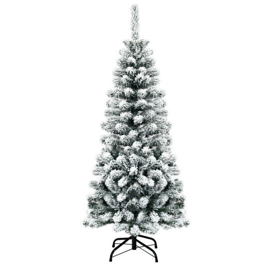 Costway 4.5 Feet Unlit Hinged Snow Flocked Artificial Pencil Christmas Tree with 242 Branch