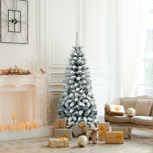 Costway 4.5 Feet Unlit Hinged Snow Flocked Artificial Pencil Christmas Tree with 242 Branch