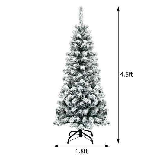 Costway 4.5 Feet Unlit Hinged Snow Flocked Artificial Pencil Christmas Tree with 242 Branch