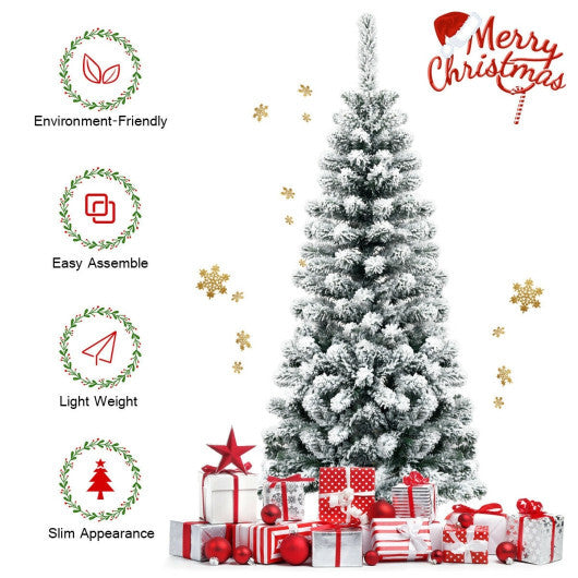 Costway 4.5 Feet Unlit Hinged Snow Flocked Artificial Pencil Christmas Tree with 242 Branch