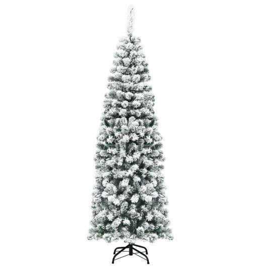 6Ft Unlit Hinged Snow Flocked Artificial Pencil Christmas Tree with 500 Branch Tips