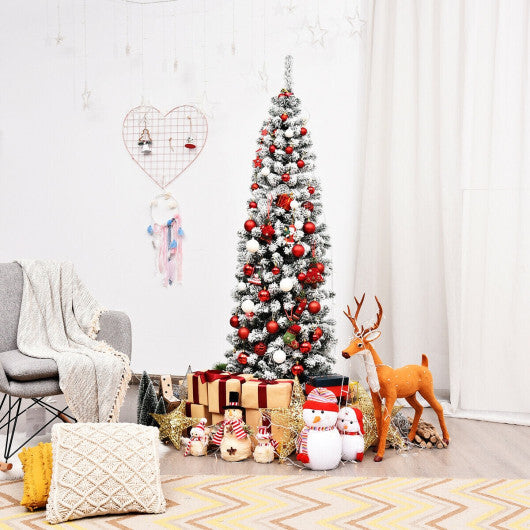 6Ft Unlit Hinged Snow Flocked Artificial Pencil Christmas Tree with 500 Branch Tips