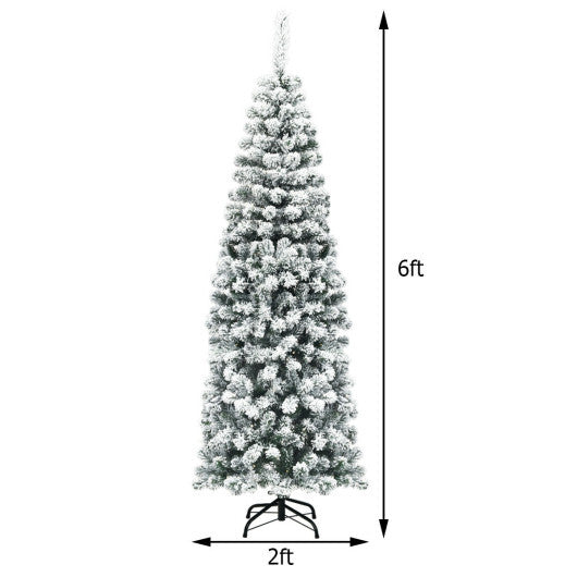 6Ft Unlit Hinged Snow Flocked Artificial Pencil Christmas Tree with 500 Branch Tips