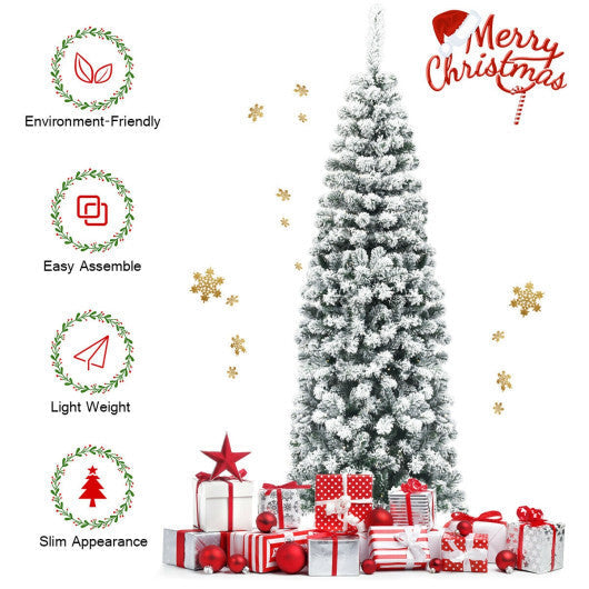 6Ft Unlit Hinged Snow Flocked Artificial Pencil Christmas Tree with 500 Branch Tips