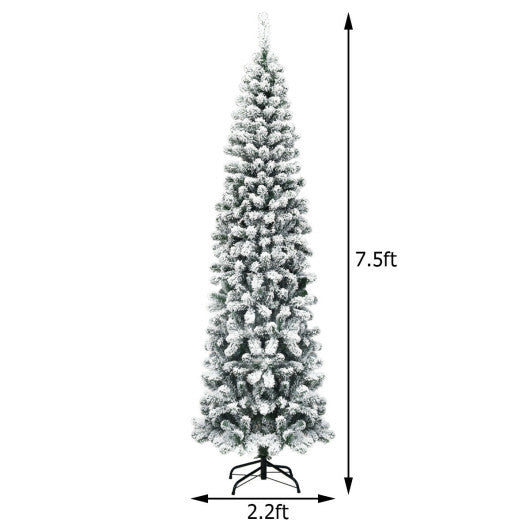 7.5Ft Pre-lit Snow Flocked Artificial Pencil Christmas Tree with 350 LED Lights