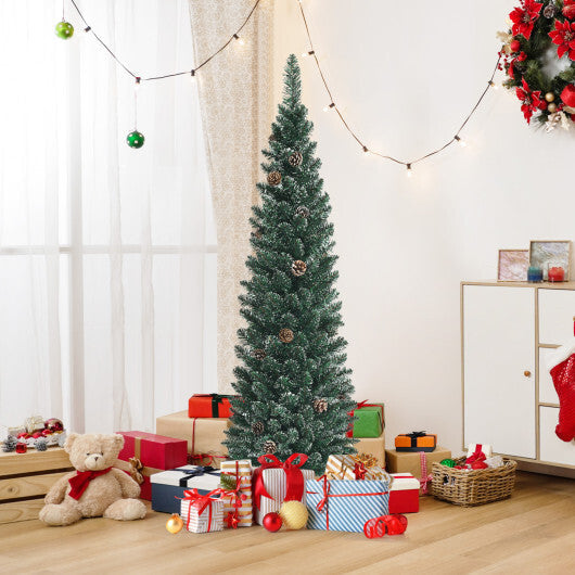 Costway Snowy Artificial Pencil Christmas Tree with Pine Cones-5 ft