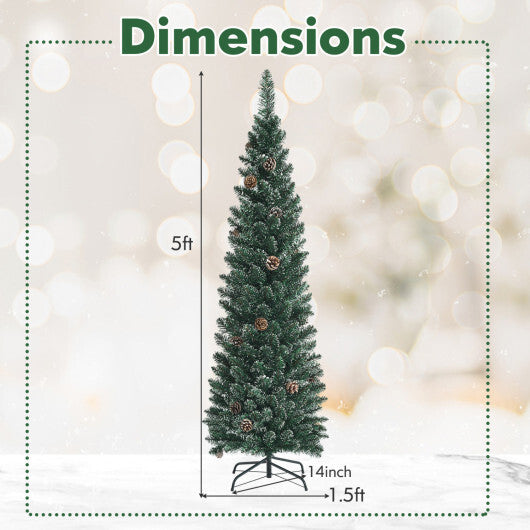 Costway Snowy Artificial Pencil Christmas Tree with Pine Cones-5 ft