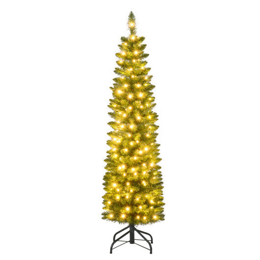 Costway 5 Feet Pre-lit Pencil Artificial Christmas Tree with 150 Warm White LED Lights-5 ft