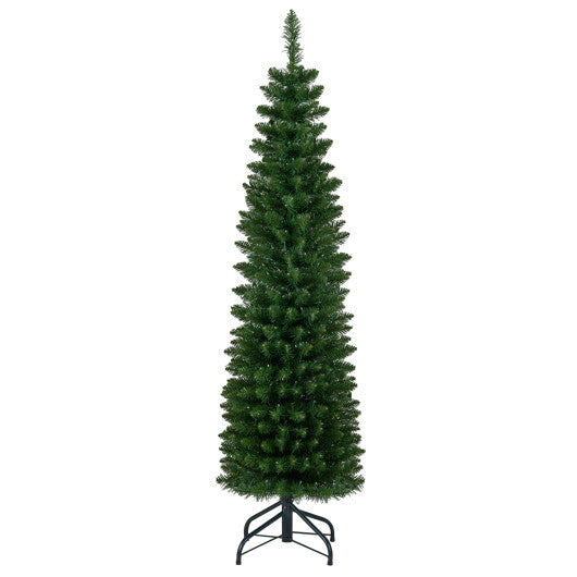 Costway 5 Feet Pre-lit Pencil Artificial Christmas Tree with 150 Warm White LED Lights-5 ft