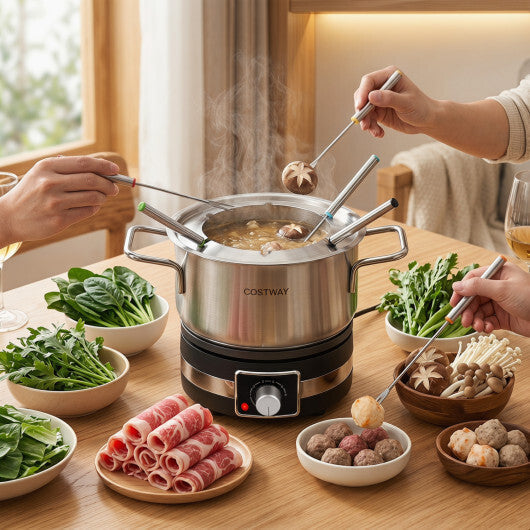 Costway 1200W Electric Fondue Pot Set with Removable Stainless Steel Pot and 6 Forks