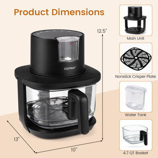 Costway 4.7 QT Glass Air Fryer with Steam Frying Mode-Black