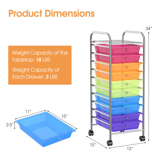 10 Drawer Rolling Storage Cart Organizer with 4 Universal Casters-Color