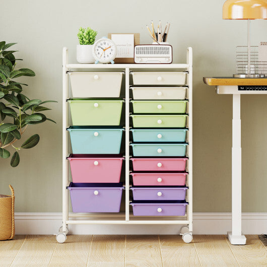 Costway 15-Drawer Utility Rolling Cart with Drawers Multi-Use Storage-Icecream Multicolor