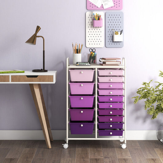 Costway 15-Drawer Utility Rolling Organizer Cart Multi-Use Storage-Purple