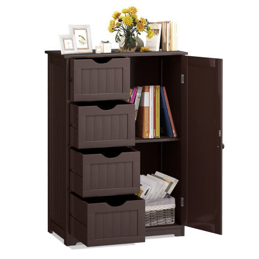 Bathroom Storage Wooden 4 Drawer Cabinet Cupboard 2 Shelves Free Standing Brown