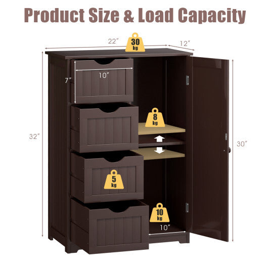 Bathroom Storage Wooden 4 Drawer Cabinet Cupboard 2 Shelves Free Standing Brown