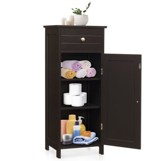 Bathroom Storage Floor Cabinet Organizer Free-Standing w/ Drawer Brown