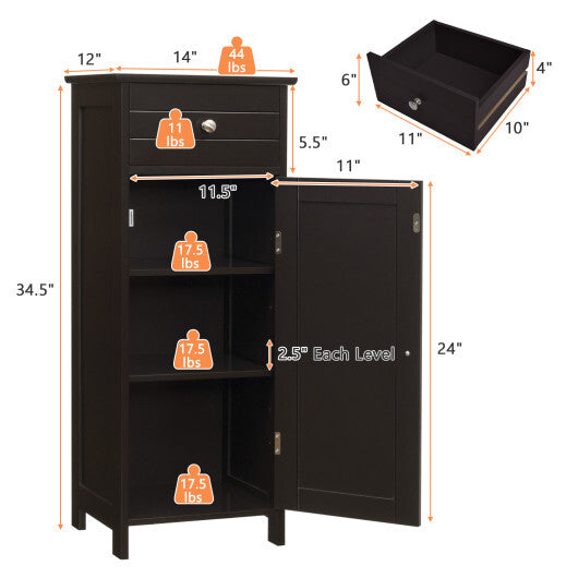 Bathroom Storage Floor Cabinet Organizer Free-Standing w/ Drawer Brown