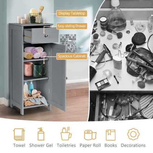 Bathroom Storage Floor Cabinet Organizer Free-Standing w/ Drawer Grey